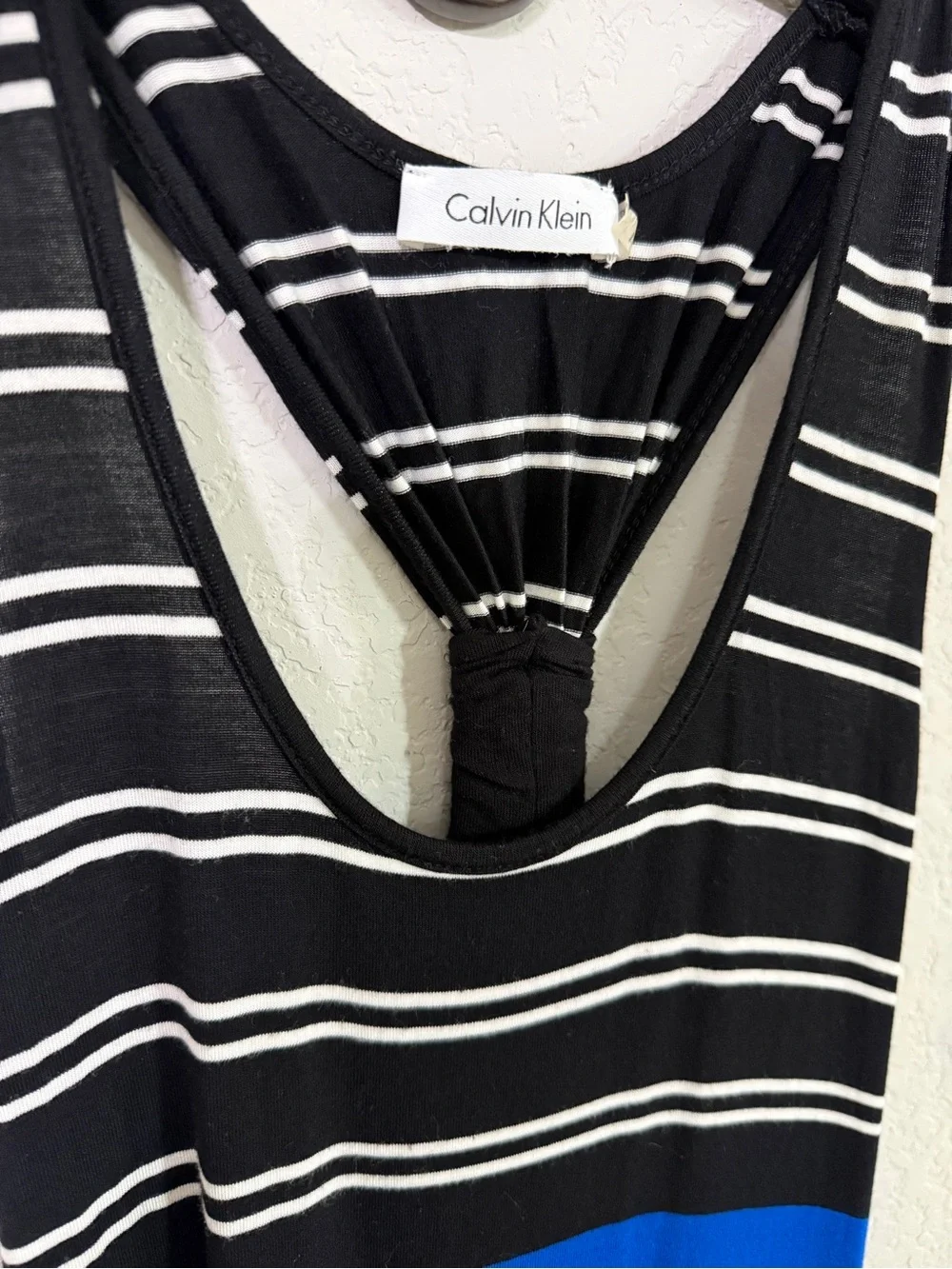 Calvin Klein Black & White Striped Maxi Dress with Blue Band